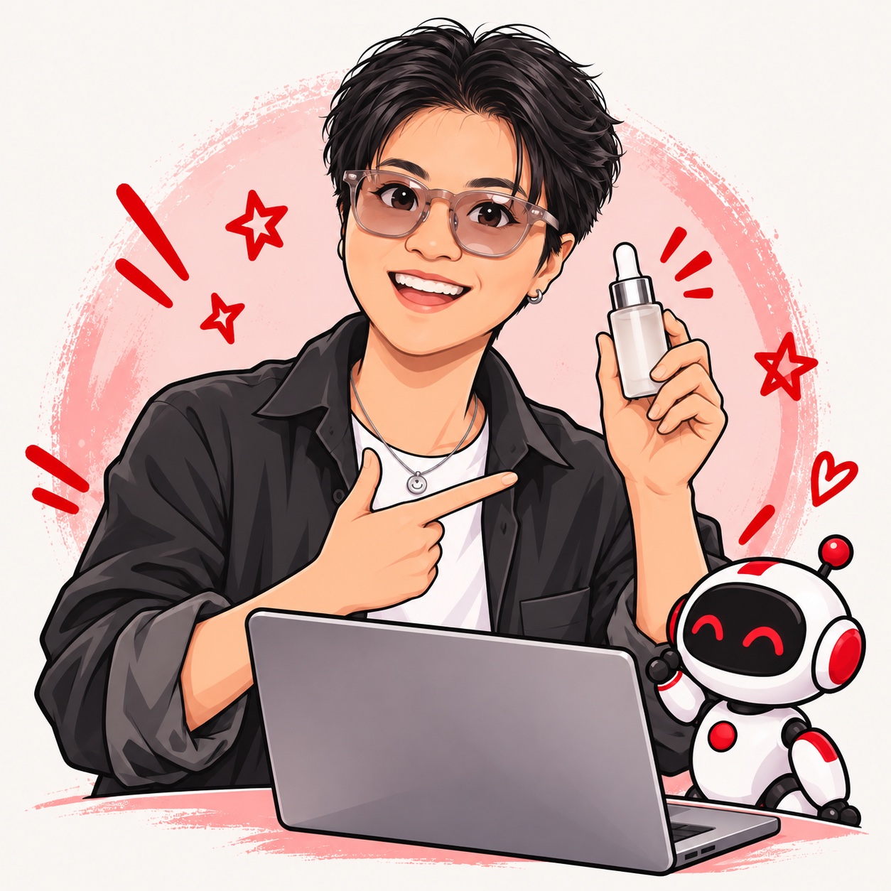 ผู้รีวิวถือขวดเซรั่ม ชี้ไปที่สินค้า ข้างแล็ปท็อปและหุ่นยนต์ AI