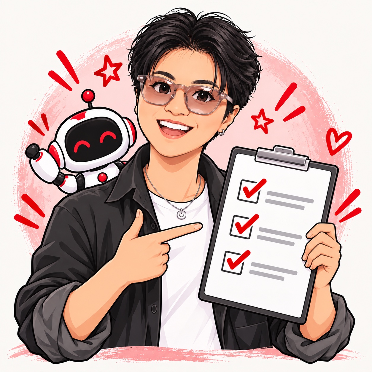 ผู้สอนถือคลิปบอร์ดเช็กลิสต์ กับหุ่นยนต์ AI